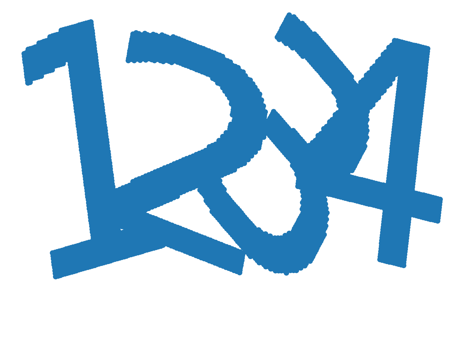 A CAPTCHA image made from four distorted blue characters.