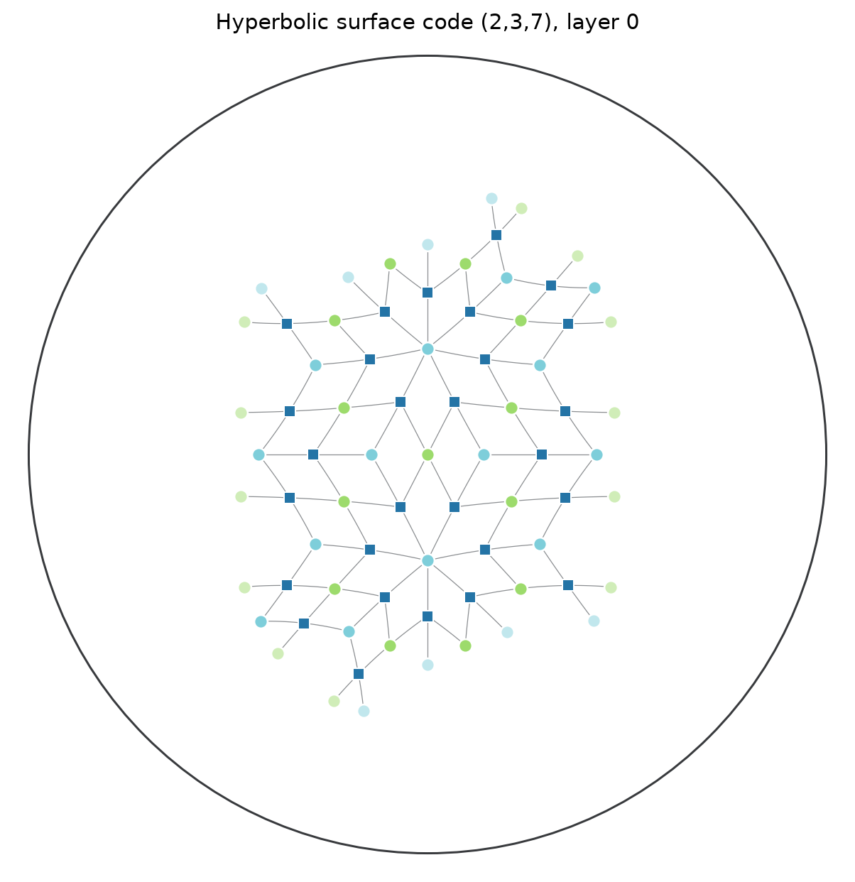 A hyperbolic surface-code lattice contained in a circular model.